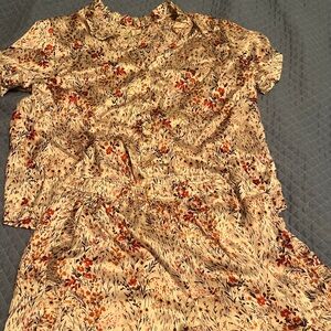 Joie Cream Floral Button-Front Blouse with Rust and Navy Accents